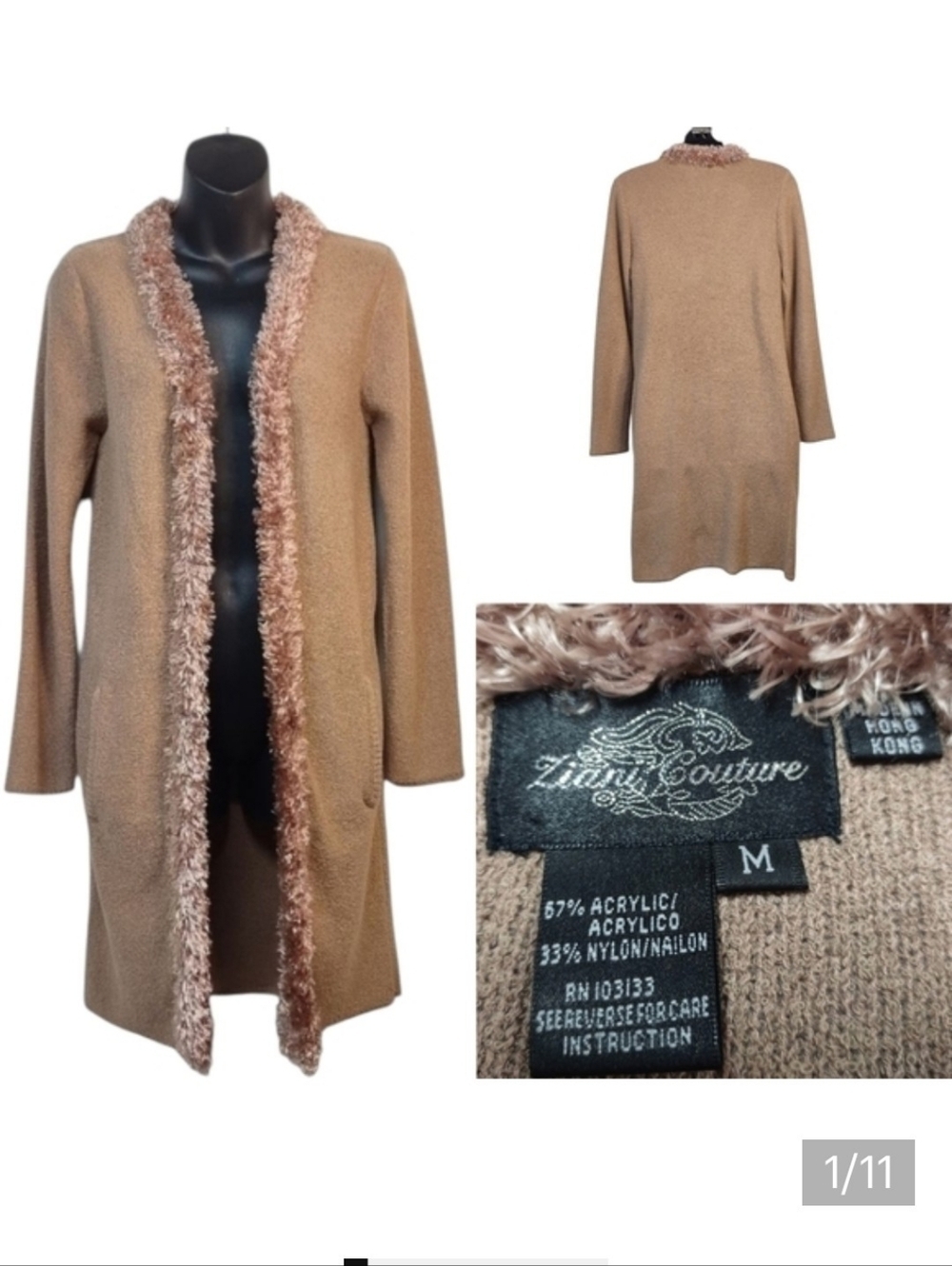 Ziani Couture Womens Brown Knit Faux Fur Trim Sweater Cardigan Open Front Size M